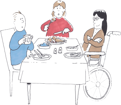 Tre personer sitter rundt et bord og spiser.